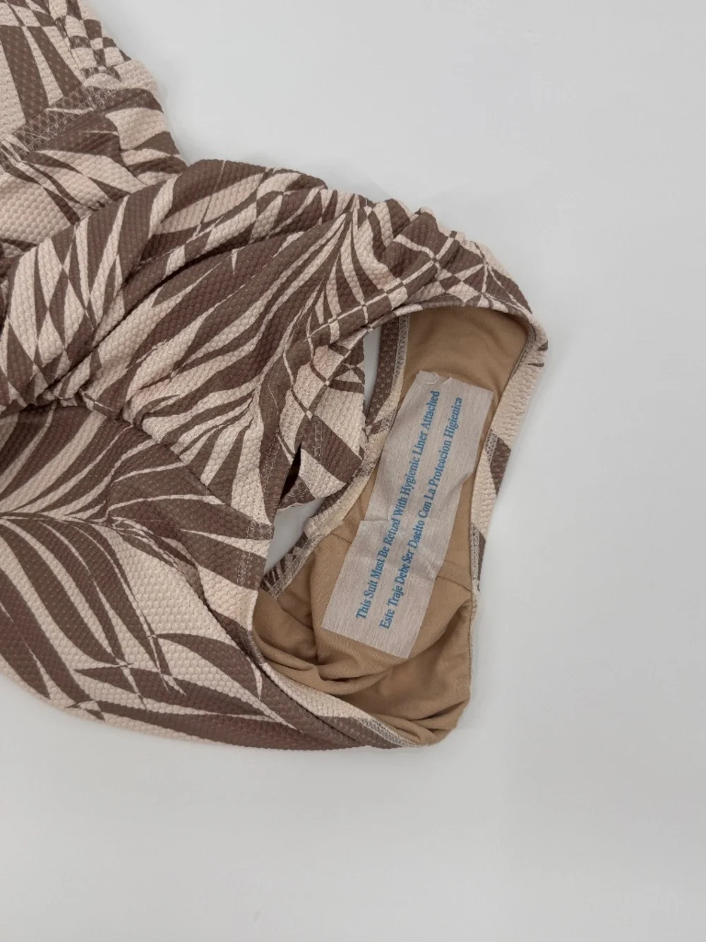 One Piece Swimsuit Palm Leaf Tan Brown Front Tie Keyhole Ruched Women XS